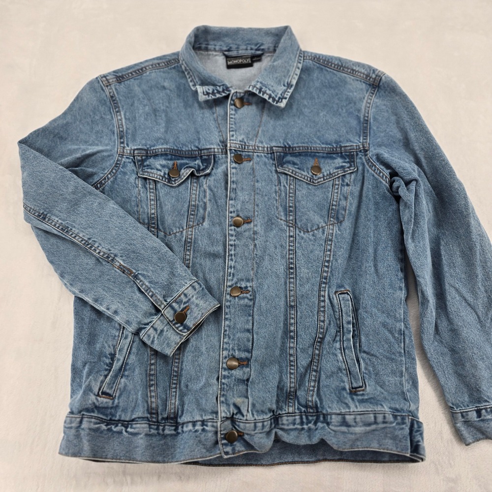Monopoly Denim Jacket Mens L Denim Jacket Blue Graphic Back Rich Uncle Pennybags